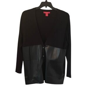 Catherine‎ Malandrino Women's Black Calvin Faux Leather V-Neck Cardigan Size L
